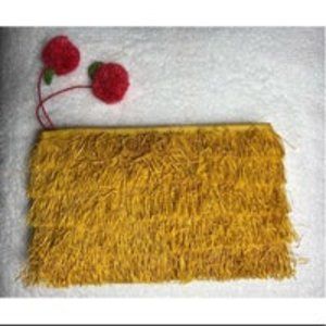 Women's Yellow Fringe Straw Clutch Small Bag Cherry Pom Poms Zip Close